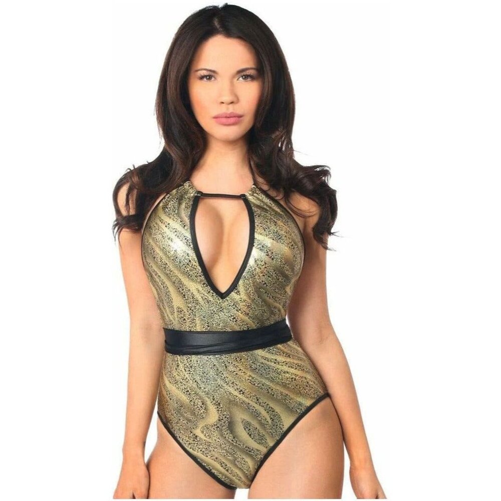 Daisy Beachwear Metallic Gold print one piece belted swimsuit‎ scrunch butt